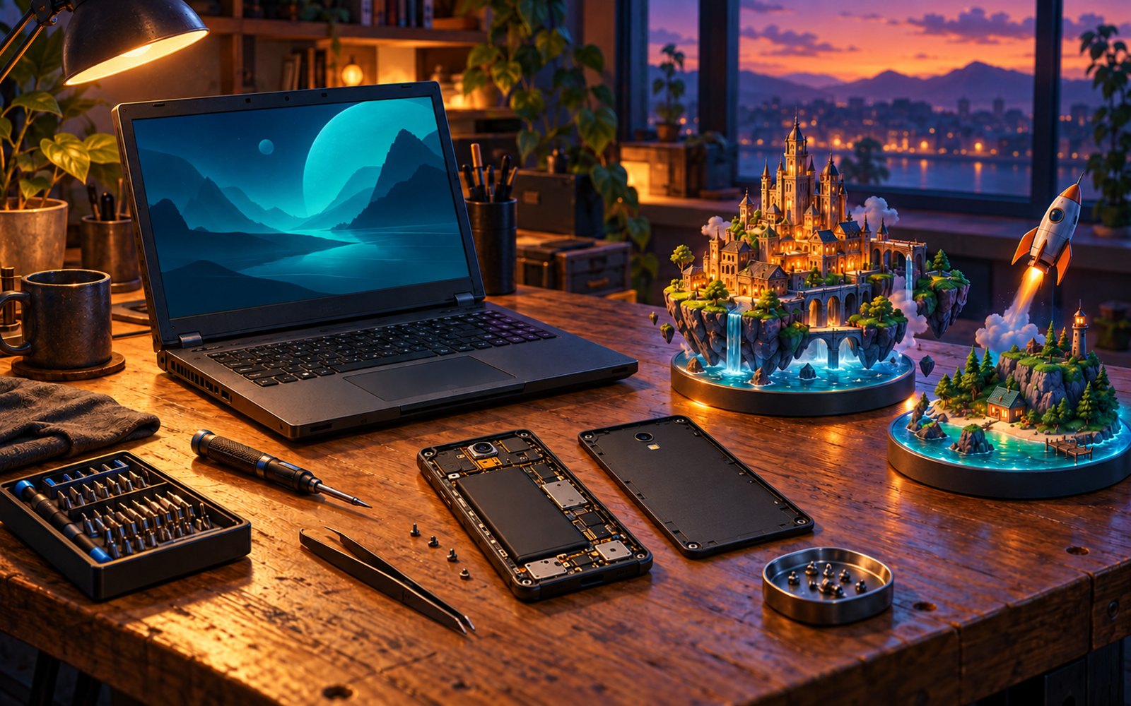 A repair bench at dusk where a laptop and an open phone sit beside small glowing game worlds